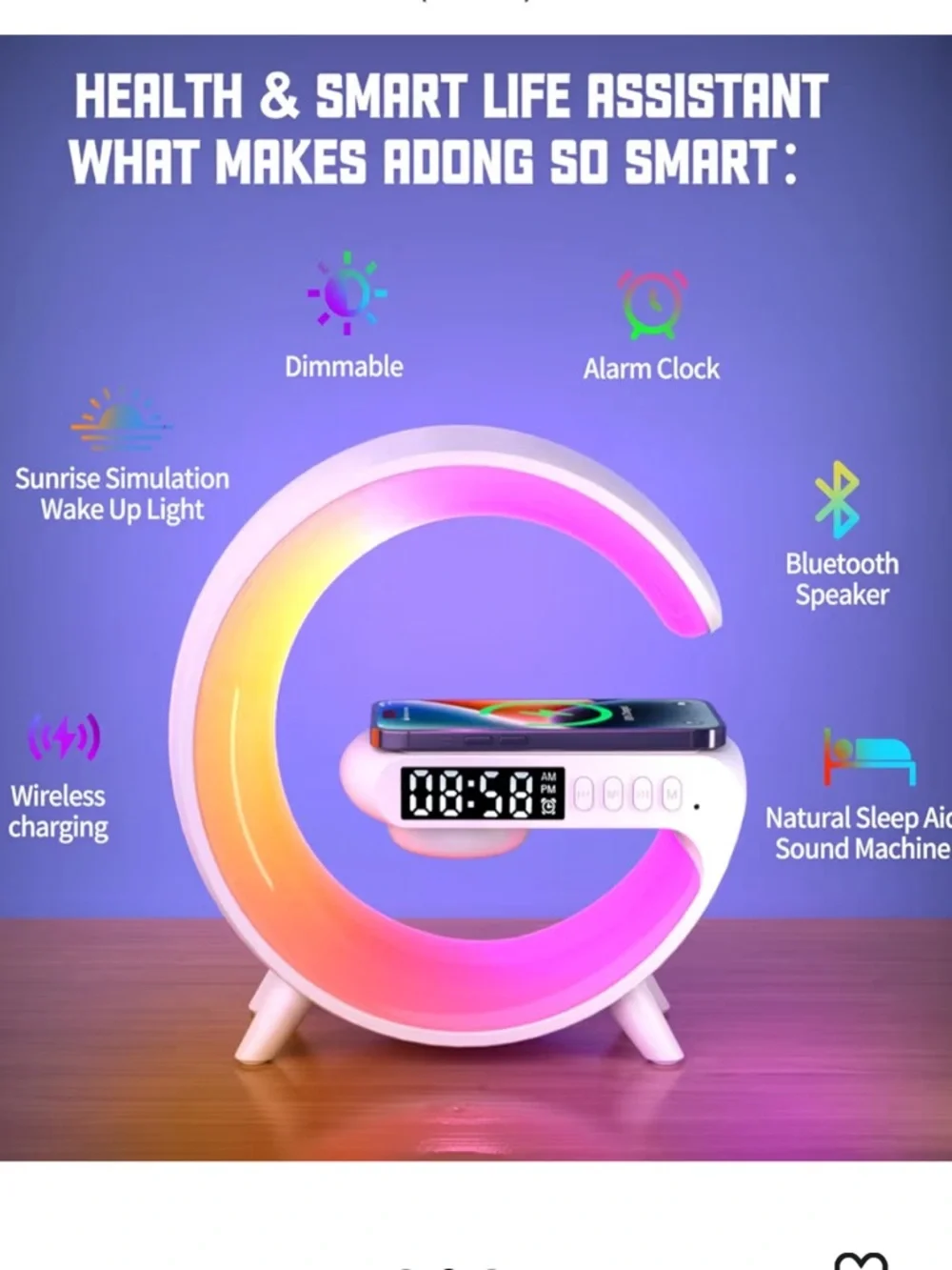 LED RGB C-Shaped Desk Lamp with Digital Clock & Wireless Charging